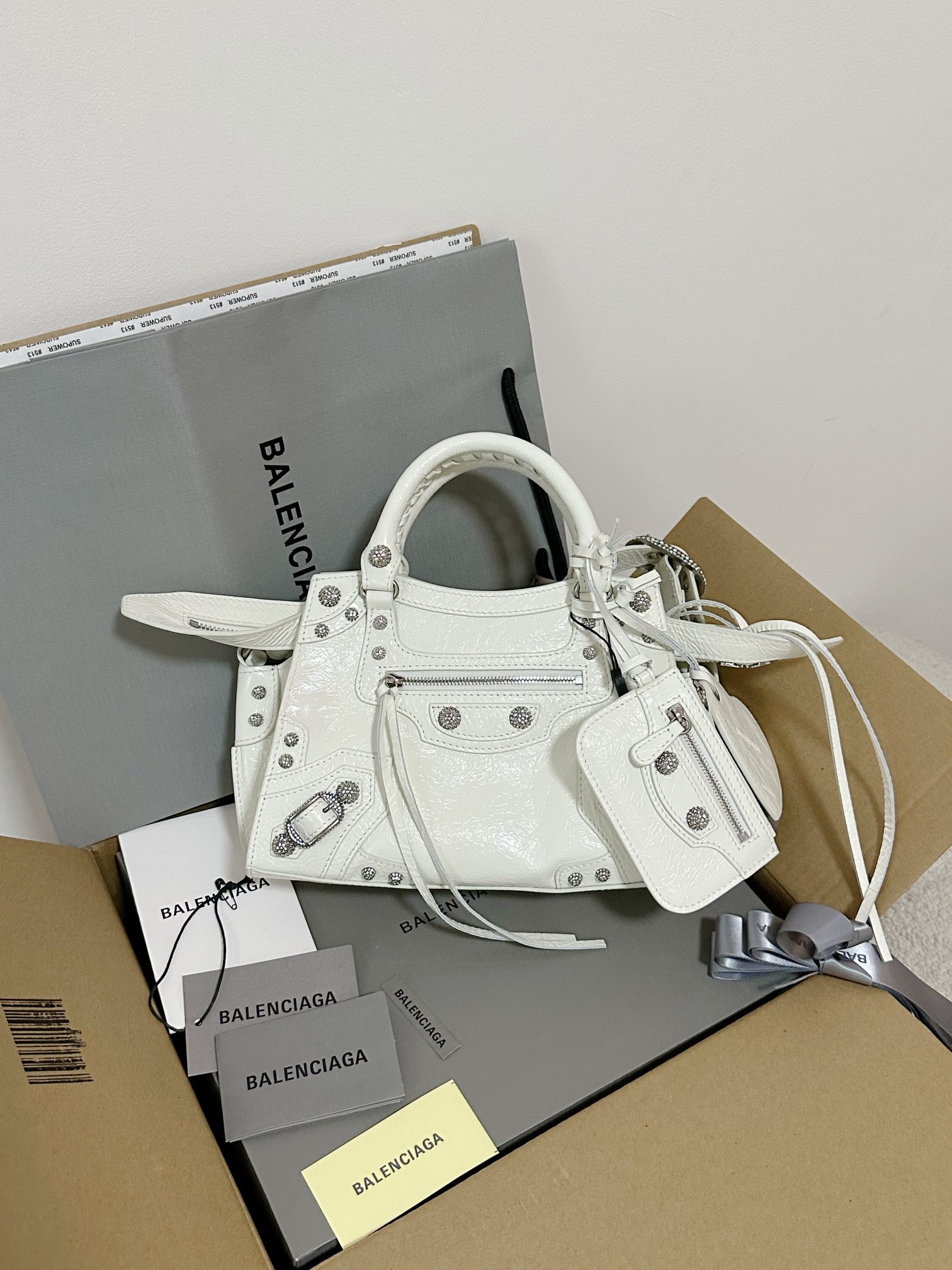 Ba1en*iaga Neo Cagole City Small Handbag White/Silver For Women‎ 10.5in/27cm 222342F046015