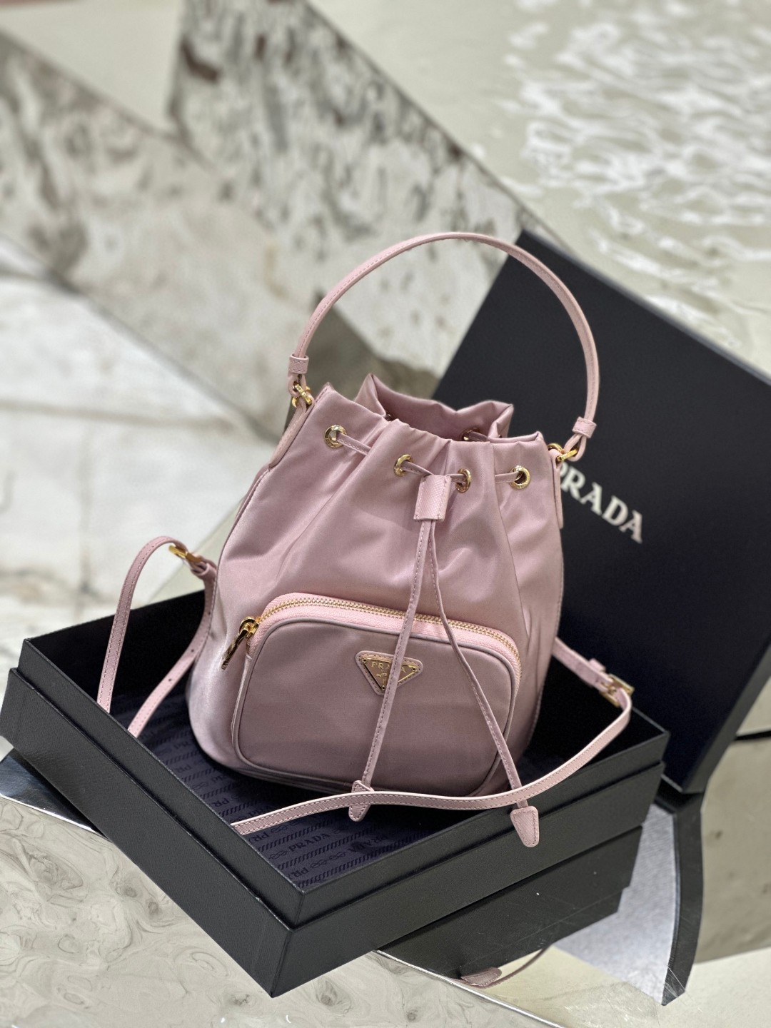 Pra*a Duet Bucket Shoulder Bag Light Pink/Beige For Women 8.6 in / 22.5 cm 1BH038_RV44_F0E18_V_OOO