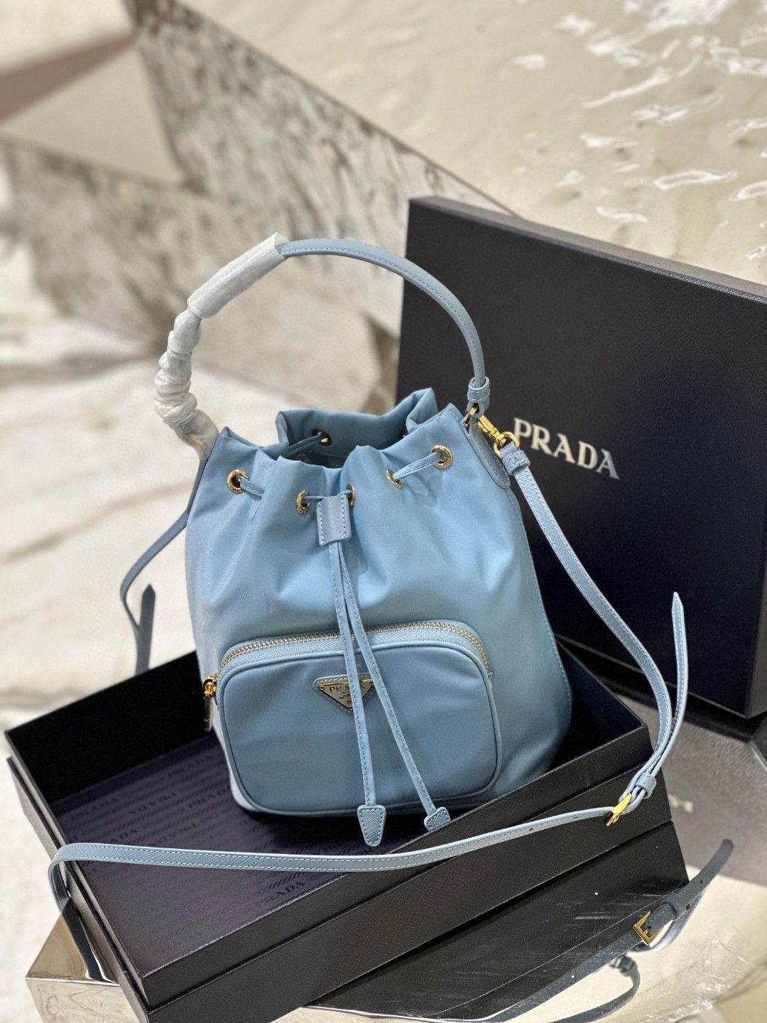 Pra*a Duet Bucket Shoulder Bag Black/Blue For Women 8.6 in / 22.5 cm 1BH038_RV44_F0002_V_UOO