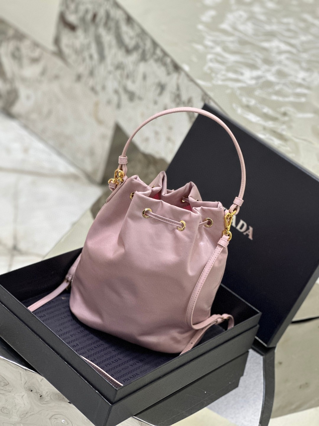 Pra*a Duet Bucket Shoulder Bag Light Pink/Beige For Women 8.6 in / 22.5 cm 1BH038_RV44_F0E18_V_OOO