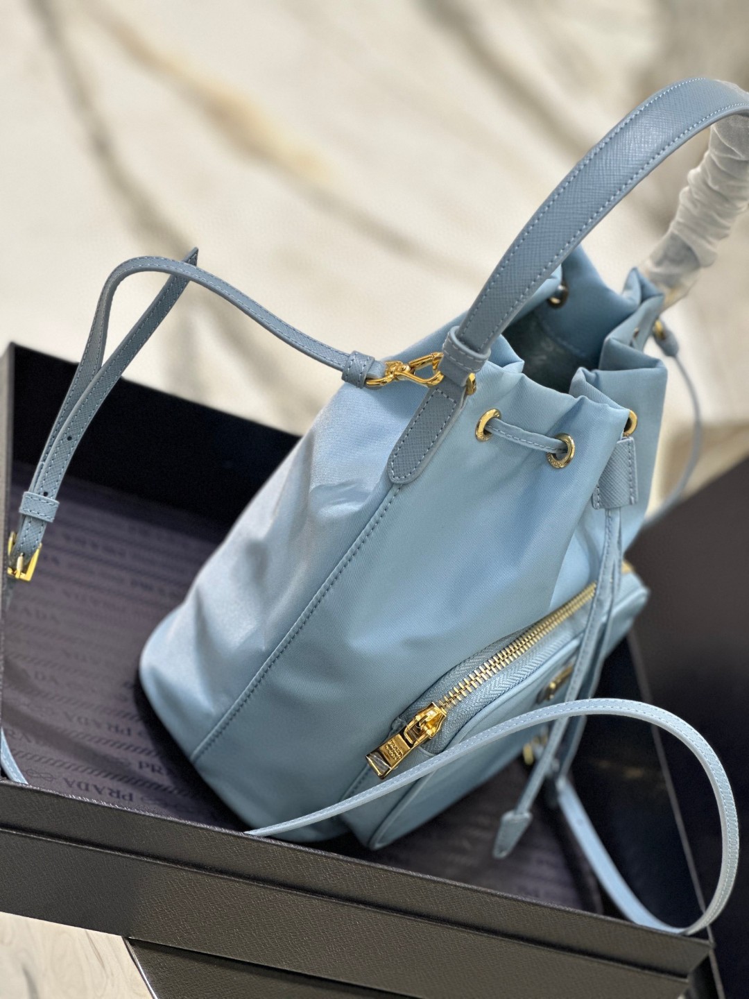 Pra*a Duet Bucket Shoulder Bag Black/Blue For Women 8.6 in / 22.5 cm 1BH038_RV44_F0002_V_UOO