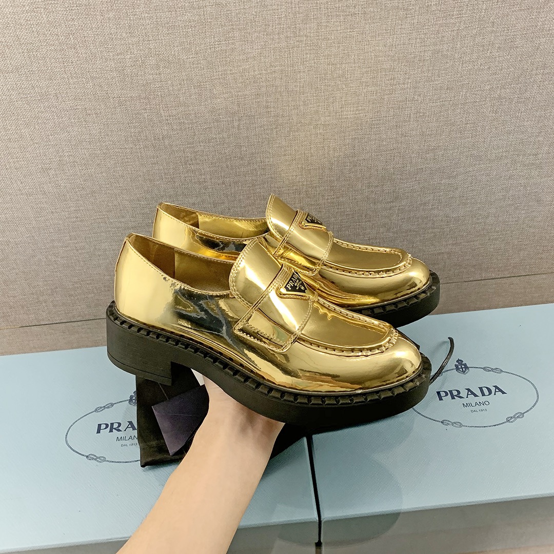 Pra*a Metallic Loafers Gold Tone For Women 1.9 in/ 5cm 1D246M_3AU1_F0522_F_B050