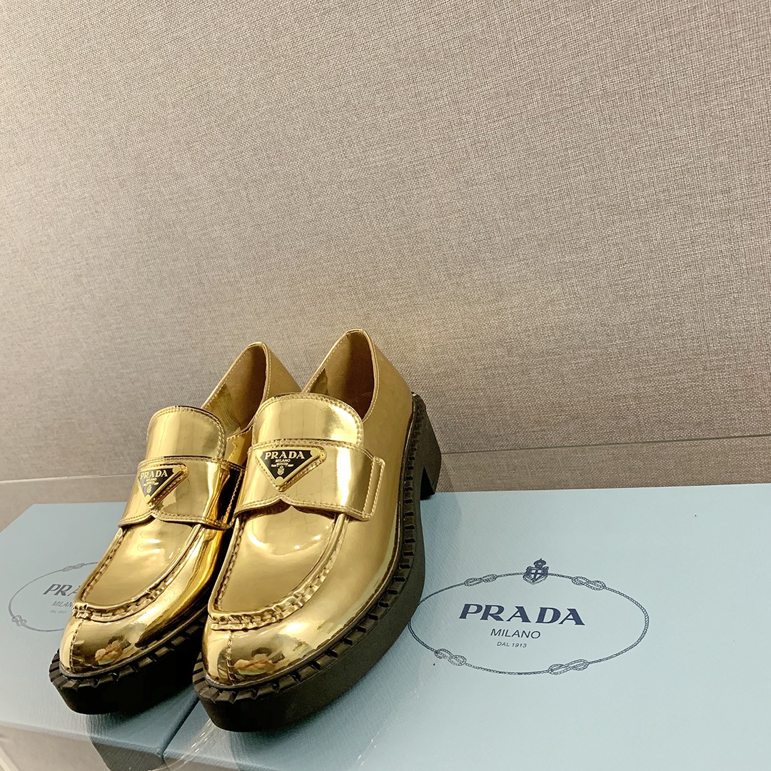 Pra*a Metallic Loafers Gold Tone For Women 1.9 in/ 5cm 1D246M_3AU1_F0522_F_B050