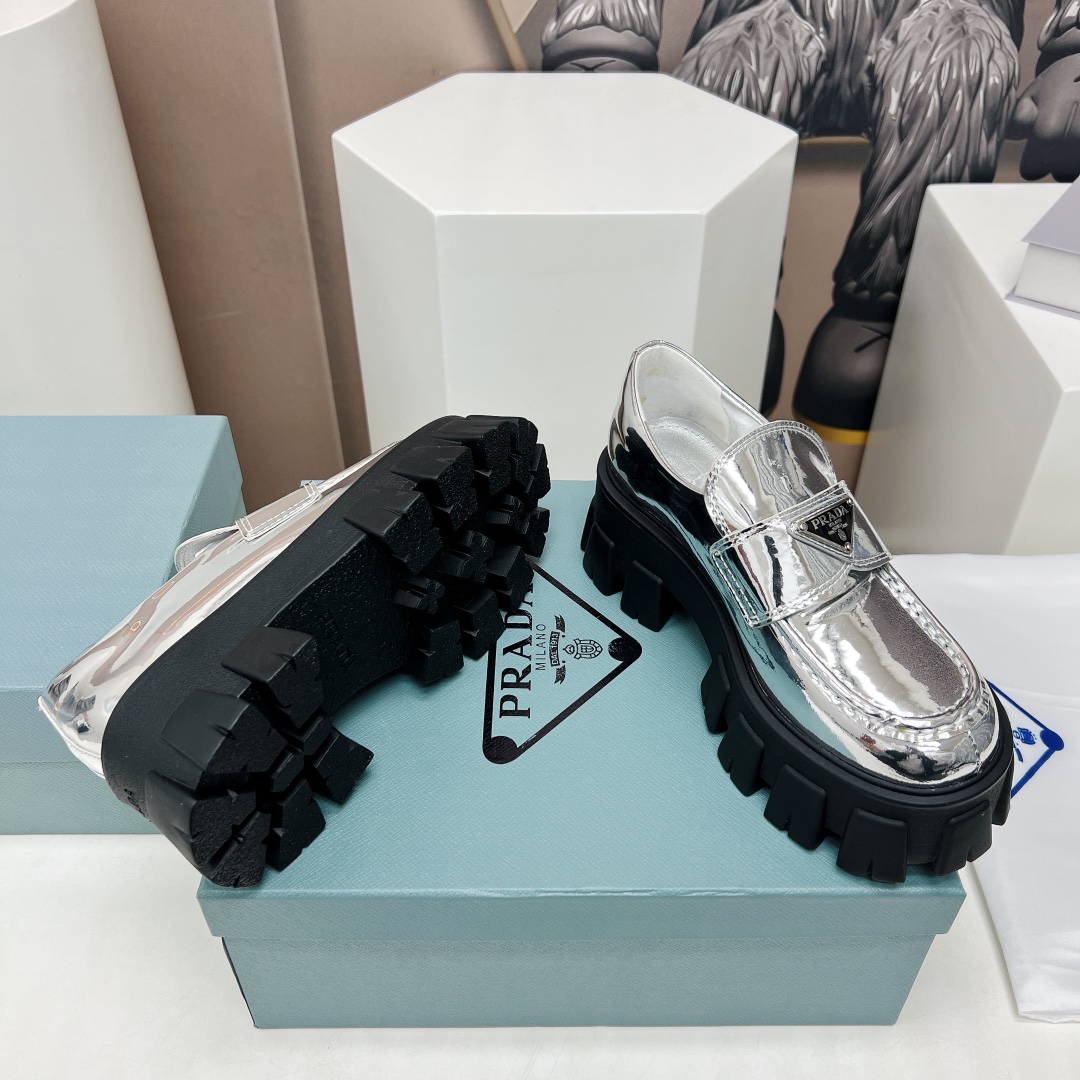 Pra*a Monolith Ombré Brushed Loafers Sliver Tone For Women 2.1 in/ 5.5cm