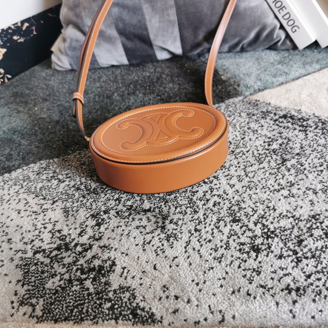 Ce1i*e Oval Bag Cuir Triomphe In Smooth Black/White/Brown For Women‎ 8in/20cm 198603DXC.38NO