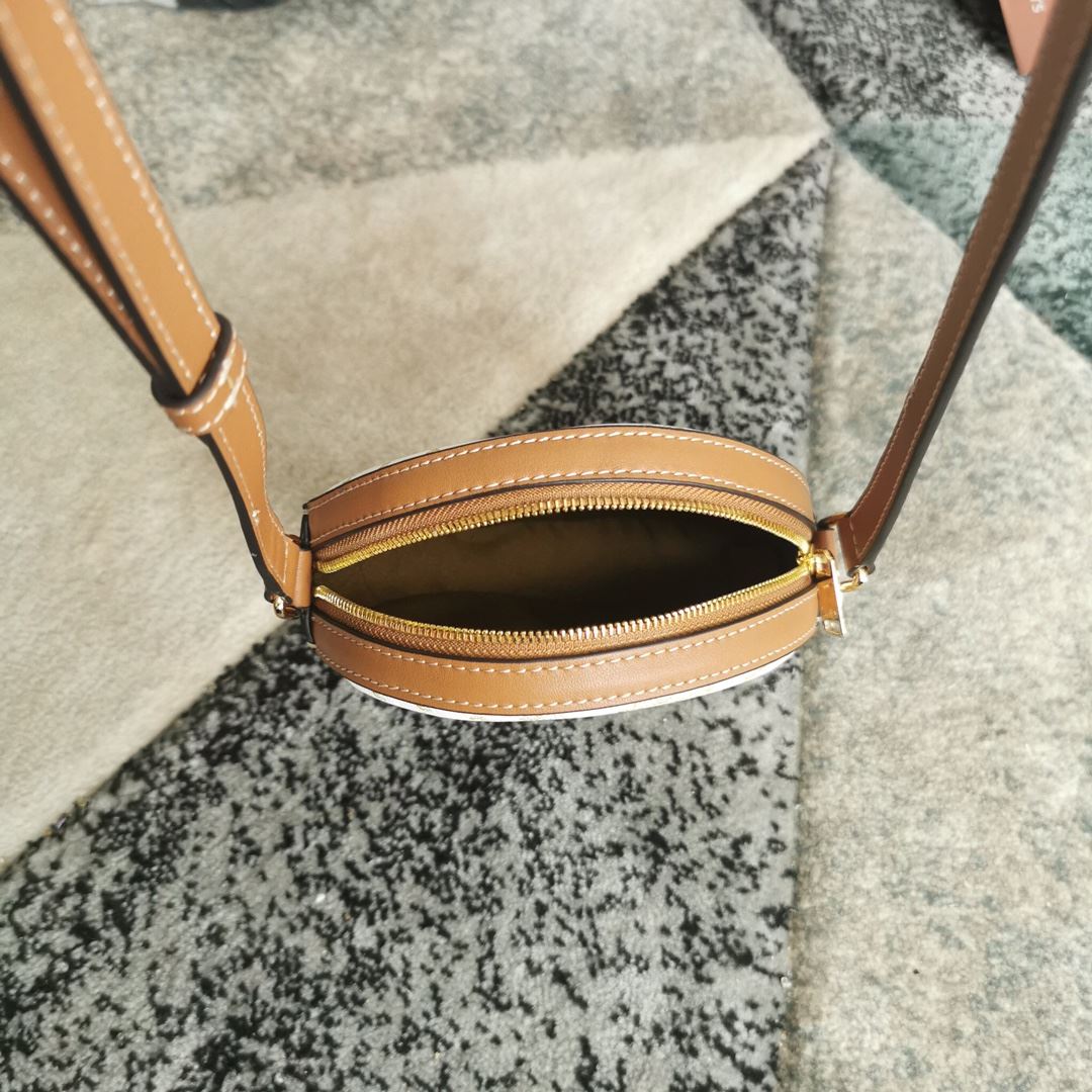 Ce1i*e Round Purse On Strap In Triomphe Canvas White/Brown For Women‎ 5in/13.5cm