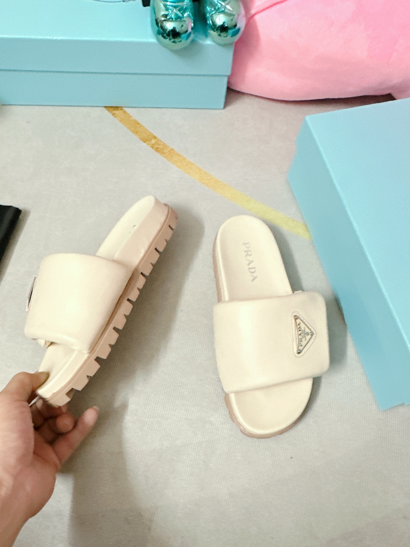 Pra*a Soft Padded Nappa Slides Light Beige For Women 0.8 in/ 2cm