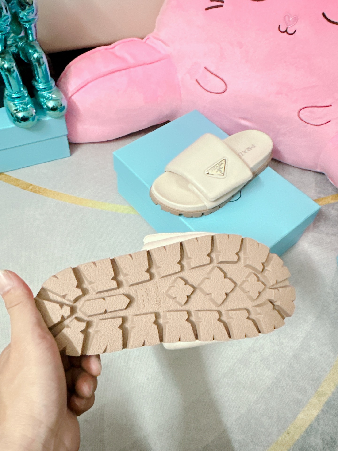 Pra*a Soft Padded Nappa Slides Light Beige For Women 0.8 in/ 2cm