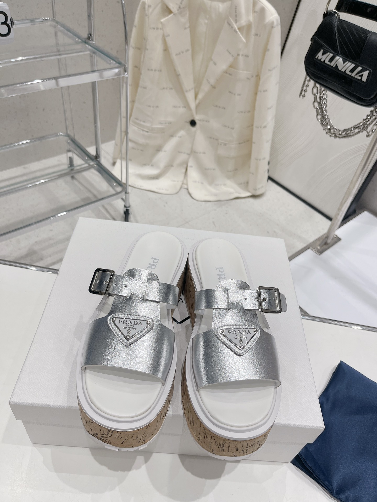 Pra*a Wedge Platform Sandals Sliver Tone For Women 2.9 in/ 7.5 cm