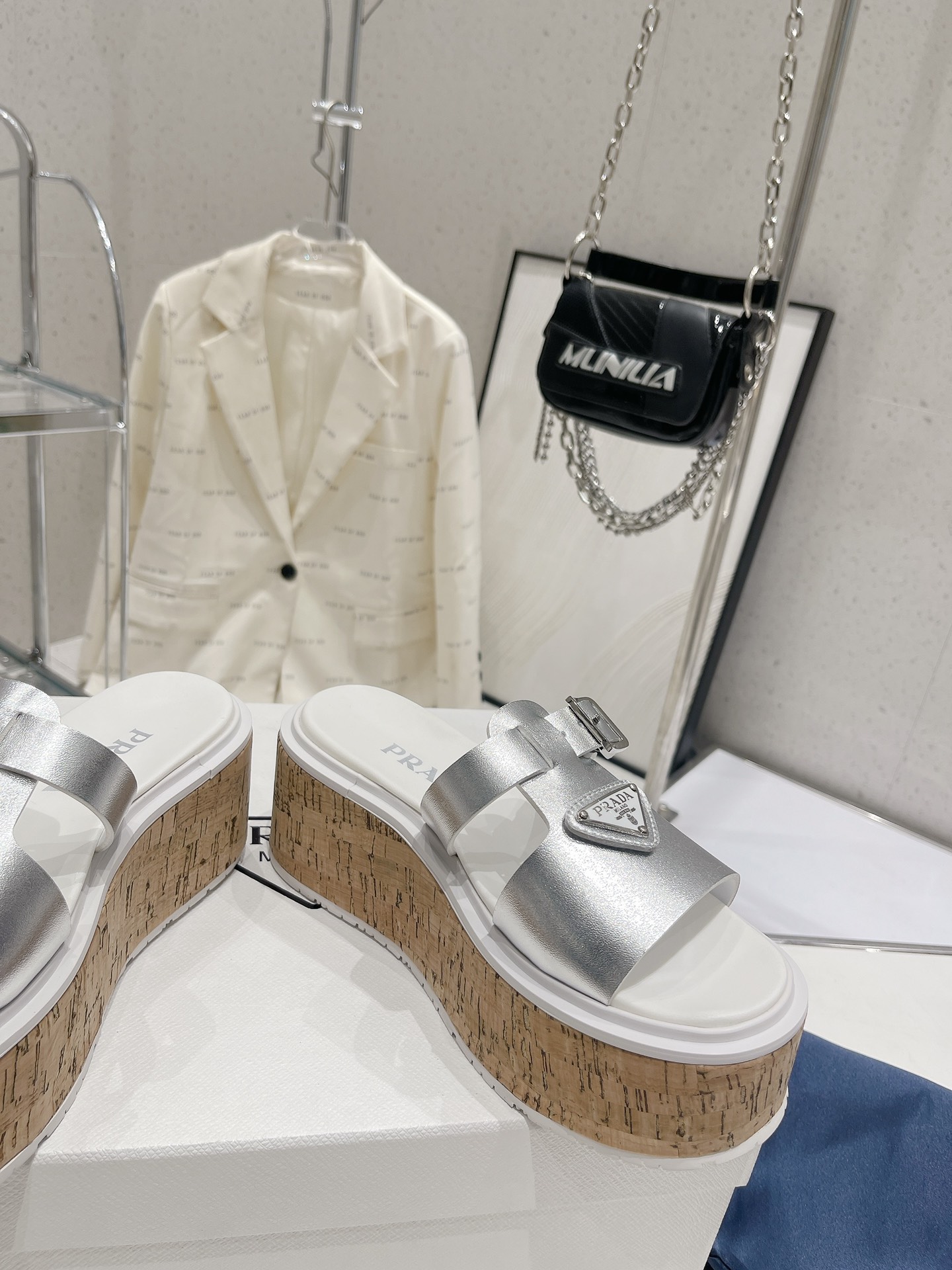 Pra*a Wedge Platform Sandals Sliver Tone For Women 2.9 in/ 7.5 cm