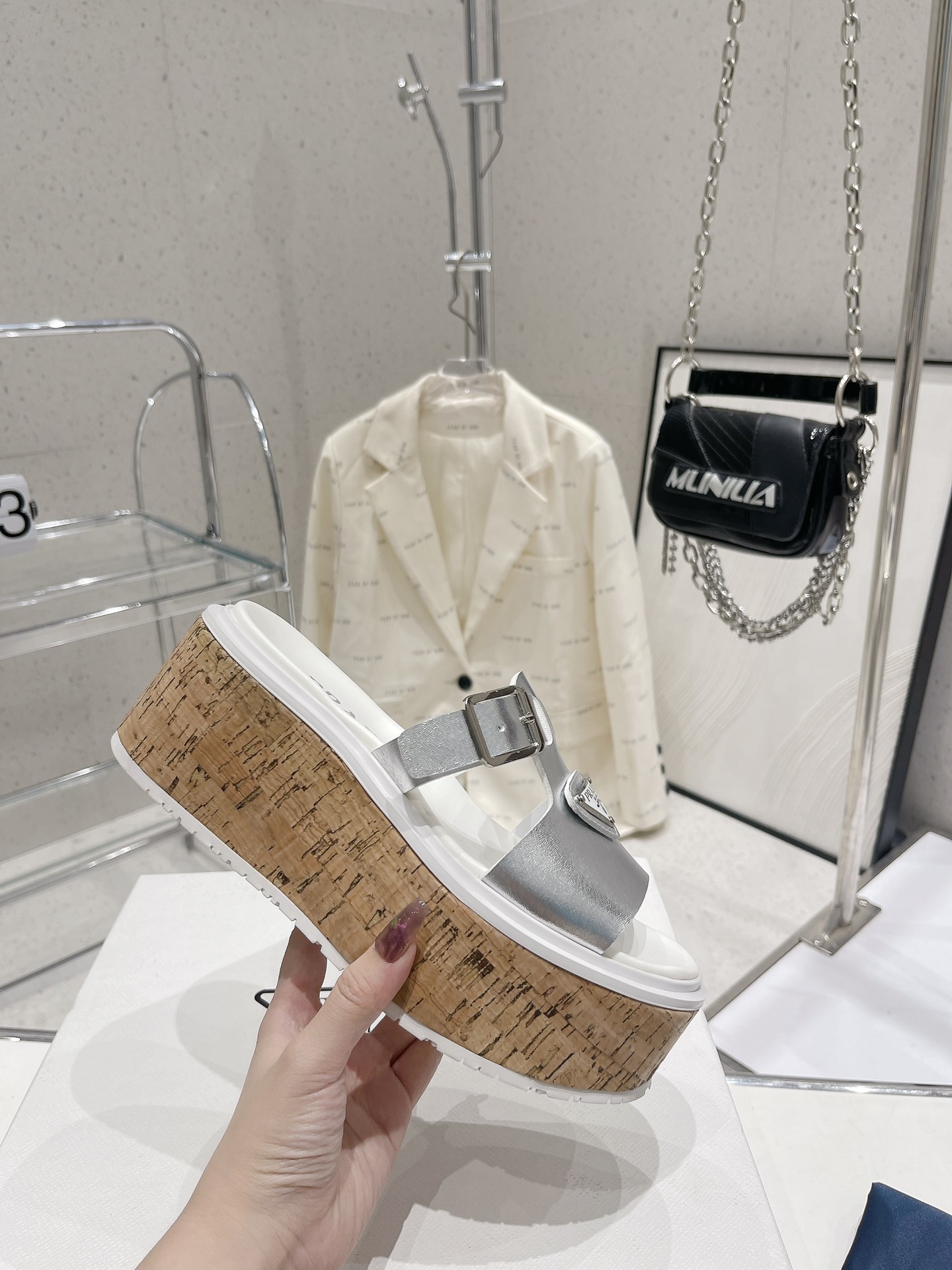 Pra*a Wedge Platform Sandals Sliver Tone For Women 2.9 in/ 7.5 cm