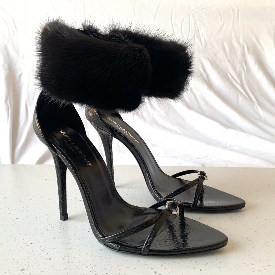 Sa1nt Lau*nt 110mm Faux Fur Ankle-Cuff Sandals Black For Women