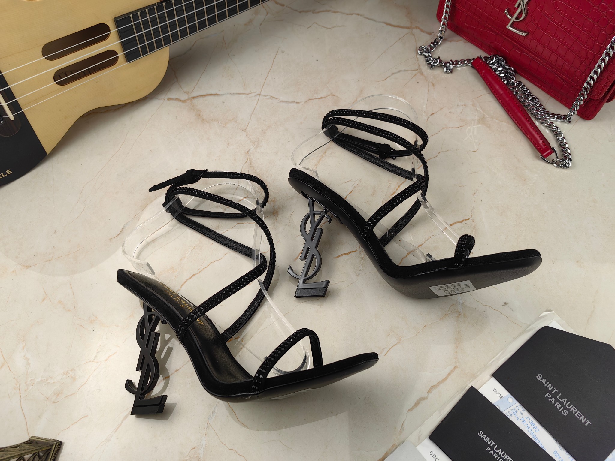 Sa1nt Lau*nt Opyum Sandals In Crepe Satin And Rhinestones Black For Women 7323391UUAV1012