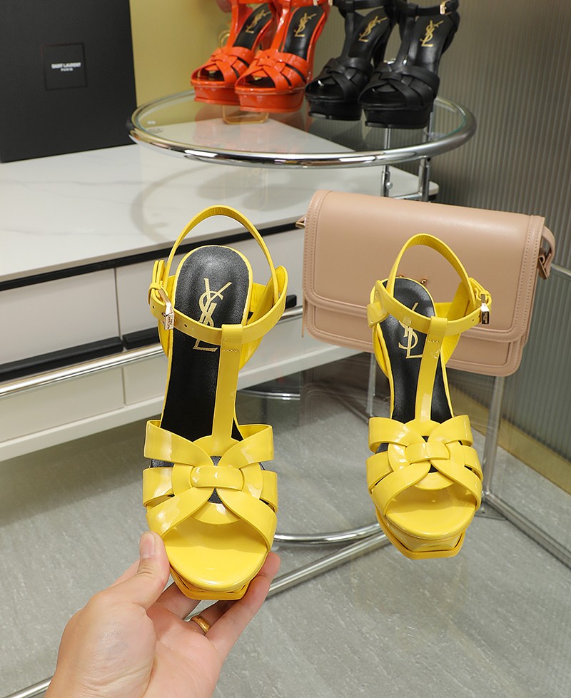 Sa1nt Lau*nt Tribute Platform Sandals In Patent Yellow For Women