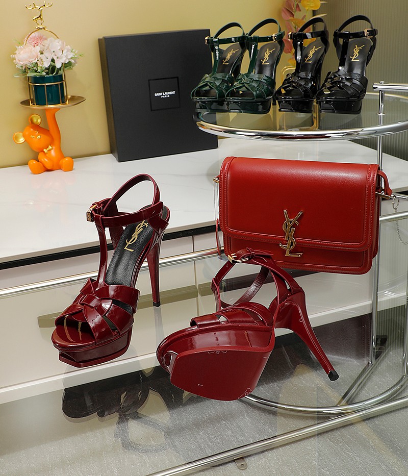 Sa1nt Lau*nt Tribute Platform Sandals In Smooth Burgundy For Women