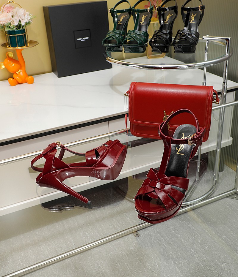 Sa1nt Lau*nt Tribute Platform Sandals In Smooth Burgundy For Women