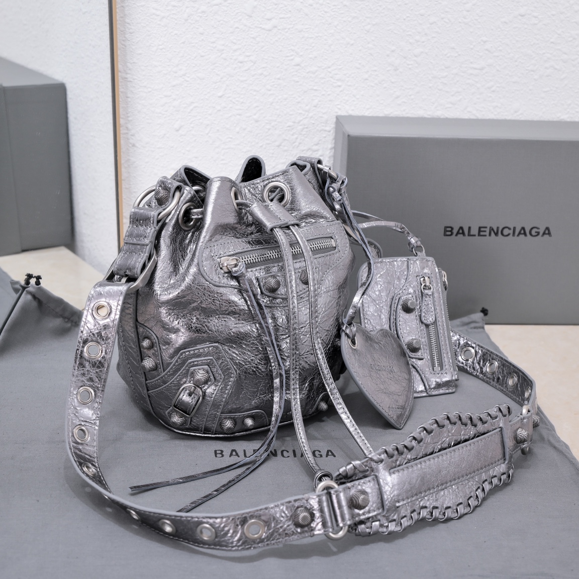 Ba1en*iaga Le Cagole Xs Bucket Bag Metallized With Rhinestones In Gold Tone/Sliver Tone/Grey For Women 7.8in/20 cm