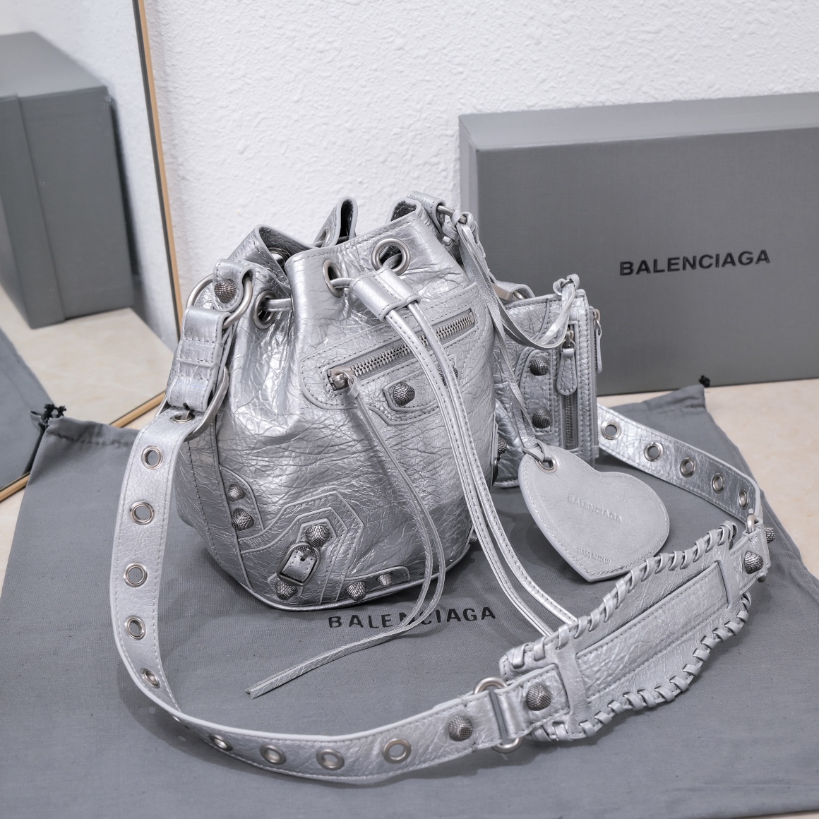 Ba1en*iaga Le Cagole Xs Bucket Bag Metallized With Rhinestones In Gold Tone/Sliver Tone/Grey For Women 7.8in/20 cm