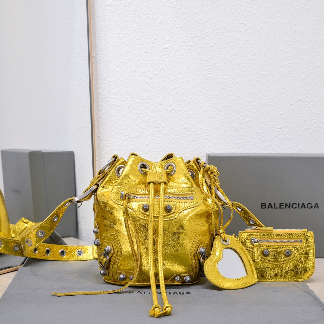Ba1en*iaga Le Cagole Xs Bucket Bag Metallized With Rhinestones In Gold Tone/Sliver Tone/Grey For Women 7.8in/20 cm