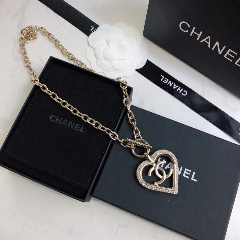 Ch**el Big Heart Frame Necklace Gold Tone For Women