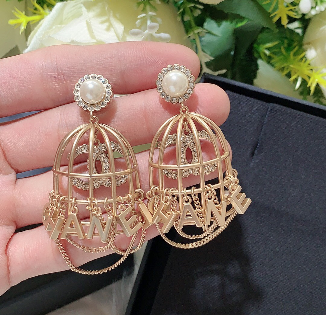 Ch**el Bird Cage Shape Earrings Gold Tone For Women