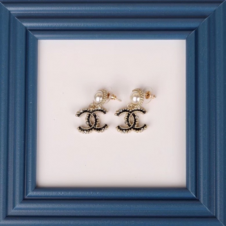 Ch**el Black Douple C Earrings Gold Tone For Women