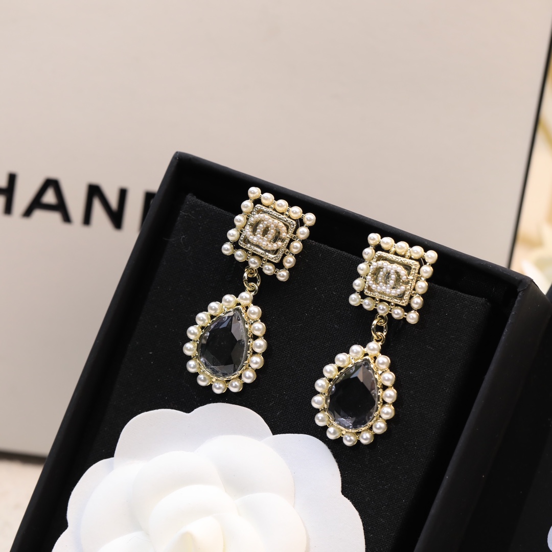 Ch**el Black Twinkle Stone Earrings Gold Tone For Women