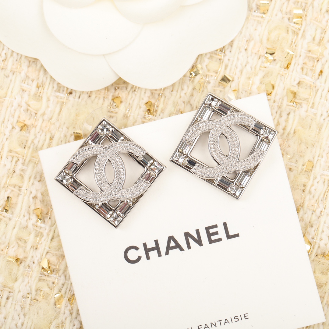 Ch**el Double C Square Earrings Silver For Women