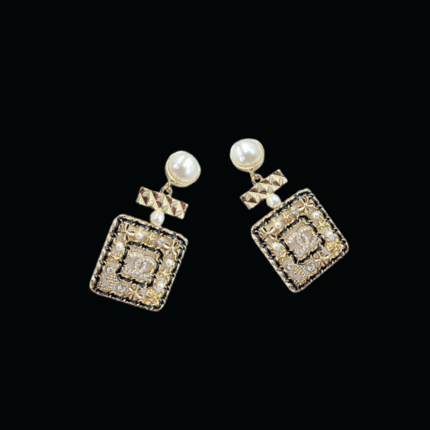 Ch**el Douple Black Border Square Frame Earrings Gold Tone For Women