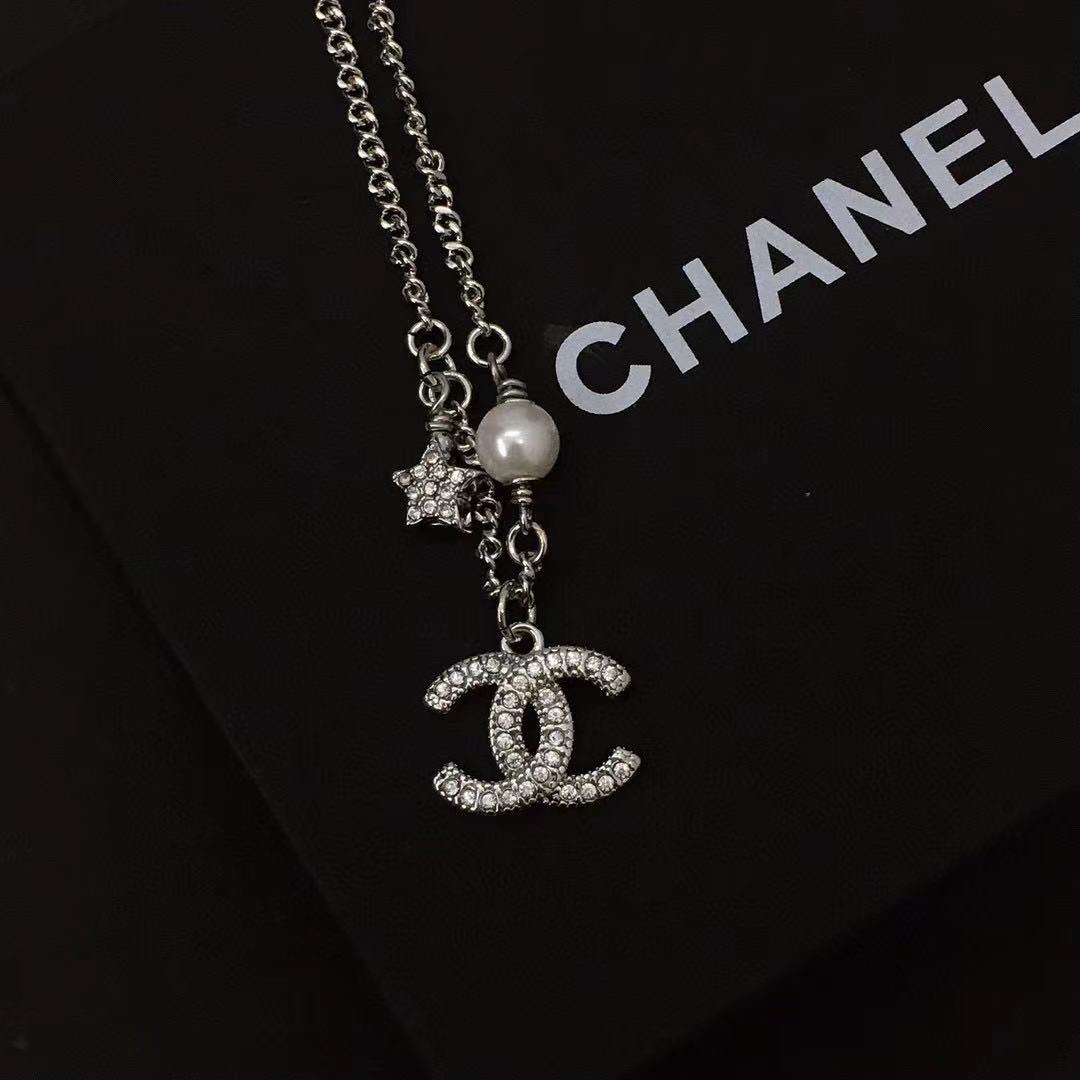 Ch**el Logo Necklace Silver Tone For Women