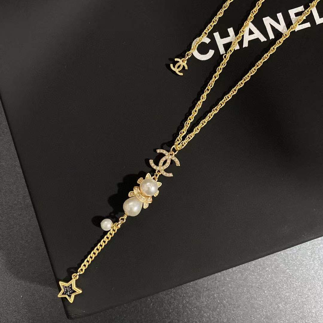 Ch**el Long Necklace With Pearl And Black Star Gold Tone For Women