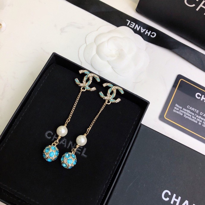 Ch**el Pearl Long Earrings Jade Green For Women