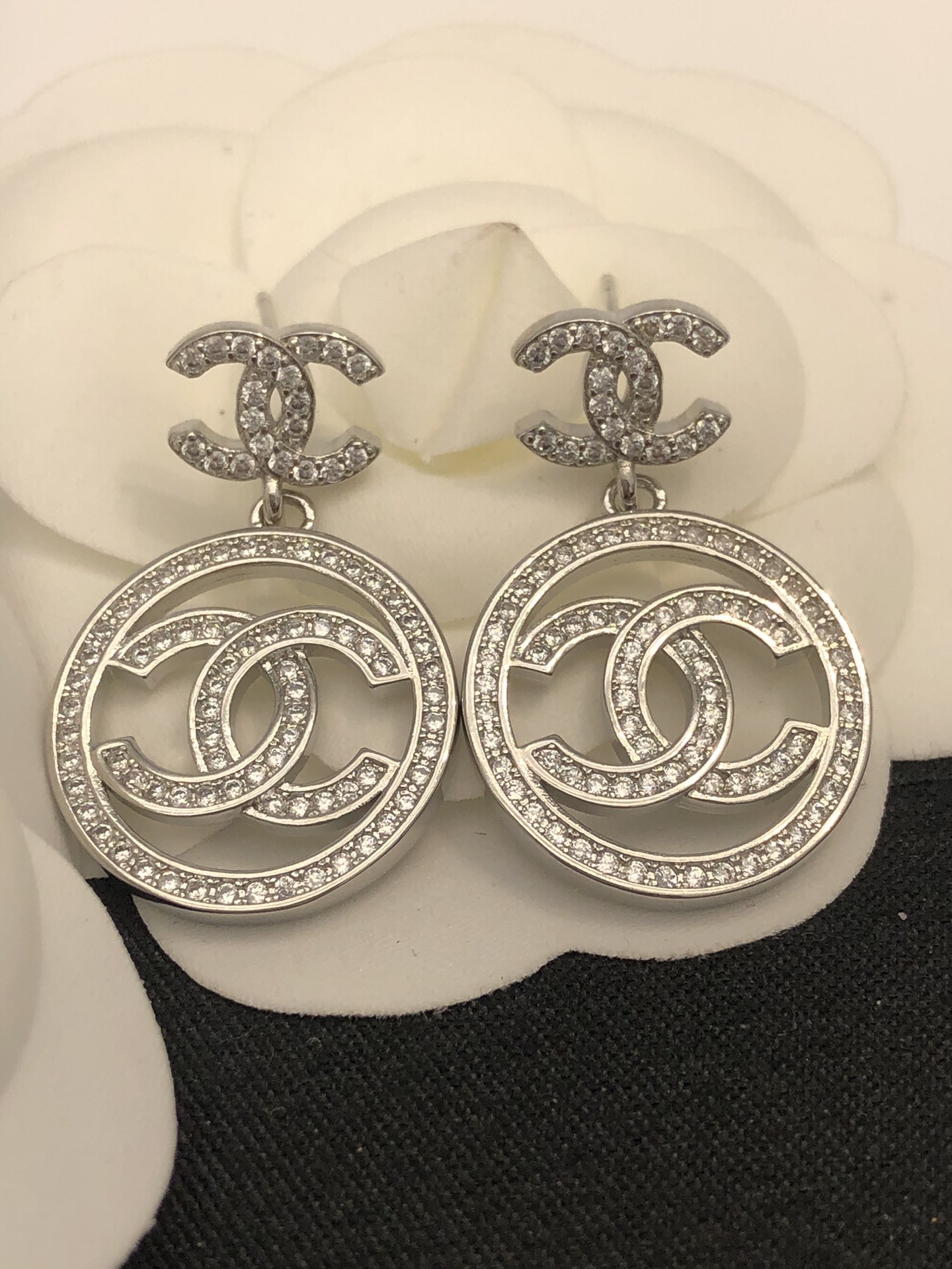Ch**el Round Double C Earrings Silver For Women