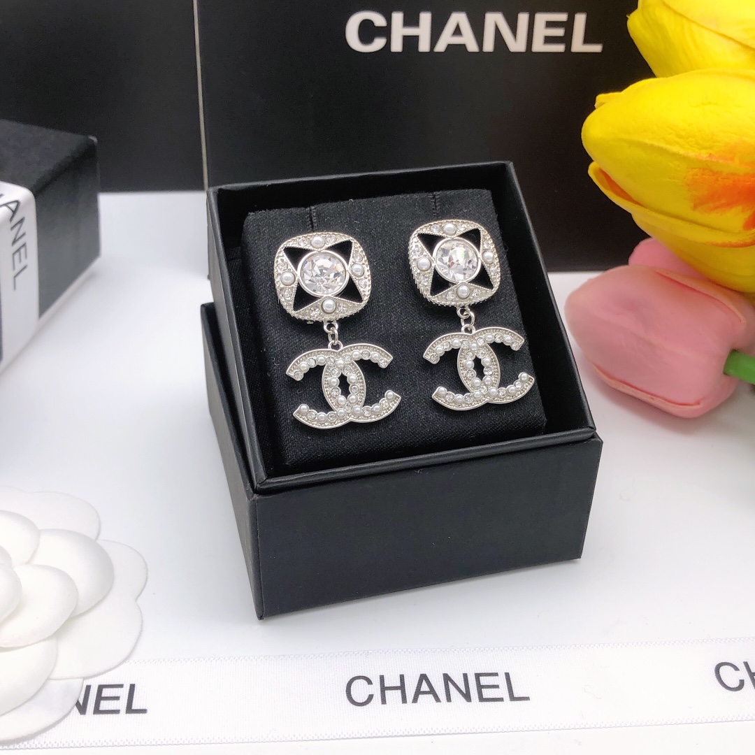 Ch**el Square Double C Stud Earrings White For Women