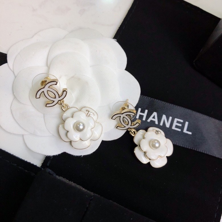 Ch**el White Camellia Flower Earrings Gold Tone For Women