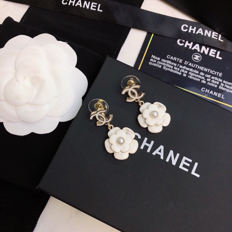 Ch**el White Camellia Flower Earrings Gold Tone For Women