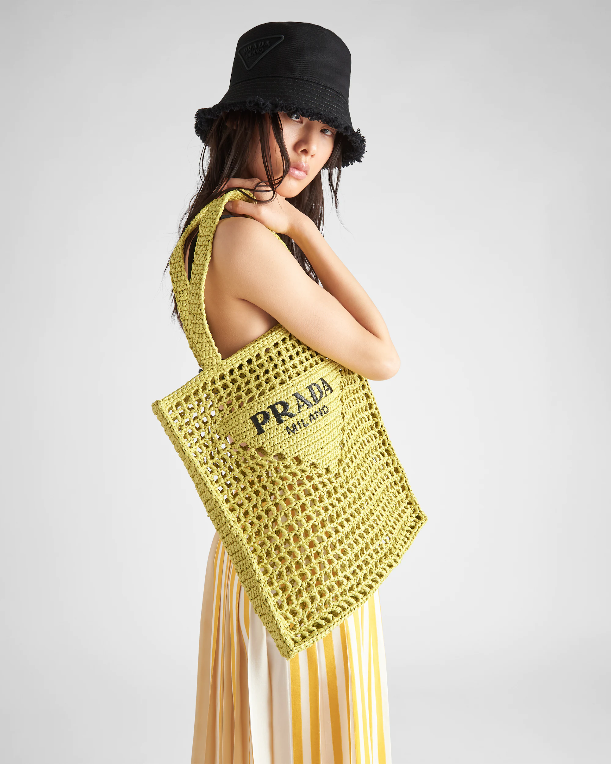 Pra*a Raffia Tote Bag Citron yellow For Women 1BG393_2A2T_F0322_V_OOO 14.9in/38cm