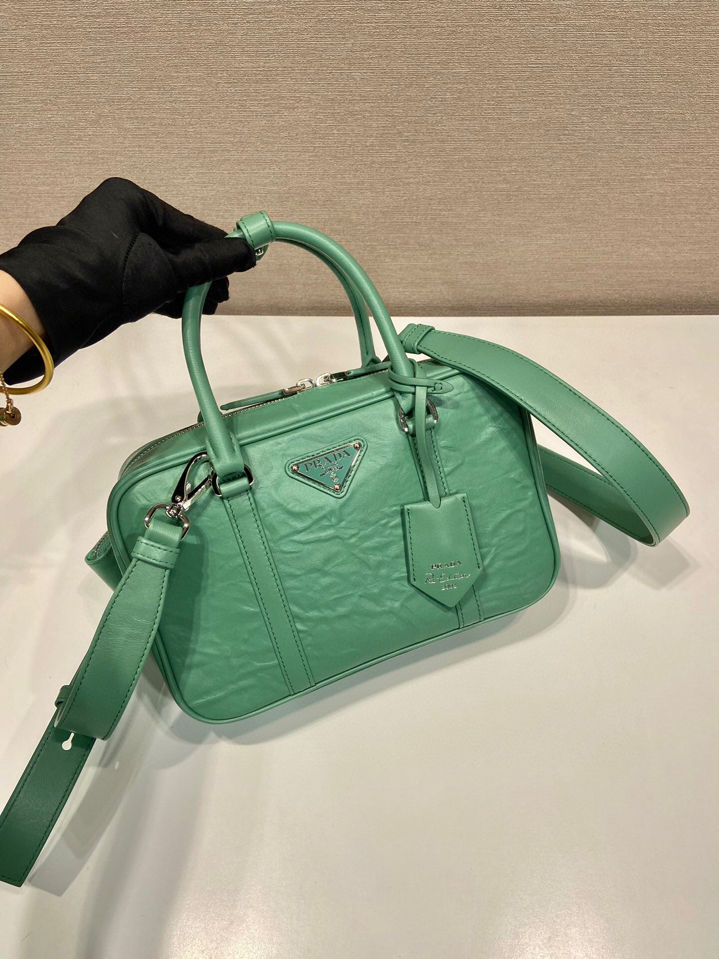 Pra*a Medium Antique Nappa Top Handle Bag In Green/Pink For Women 9.5 in/ 24cm 1BB092_UVL_F0092_V_T2O
