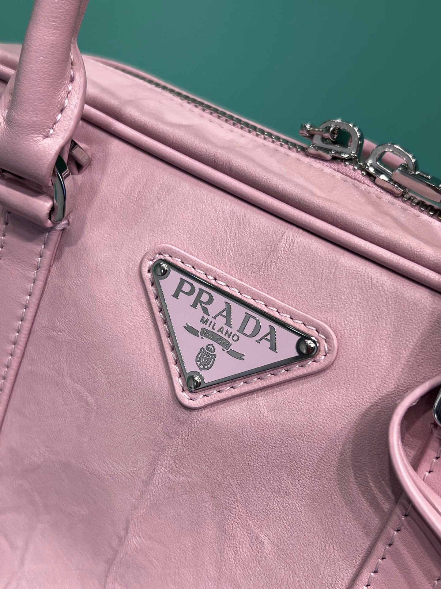 Pra*a Medium Antique Nappa Top Handle Bag In Green/Pink For Women 9.5 in/ 24cm 1BB092_UVL_F0092_V_T2O