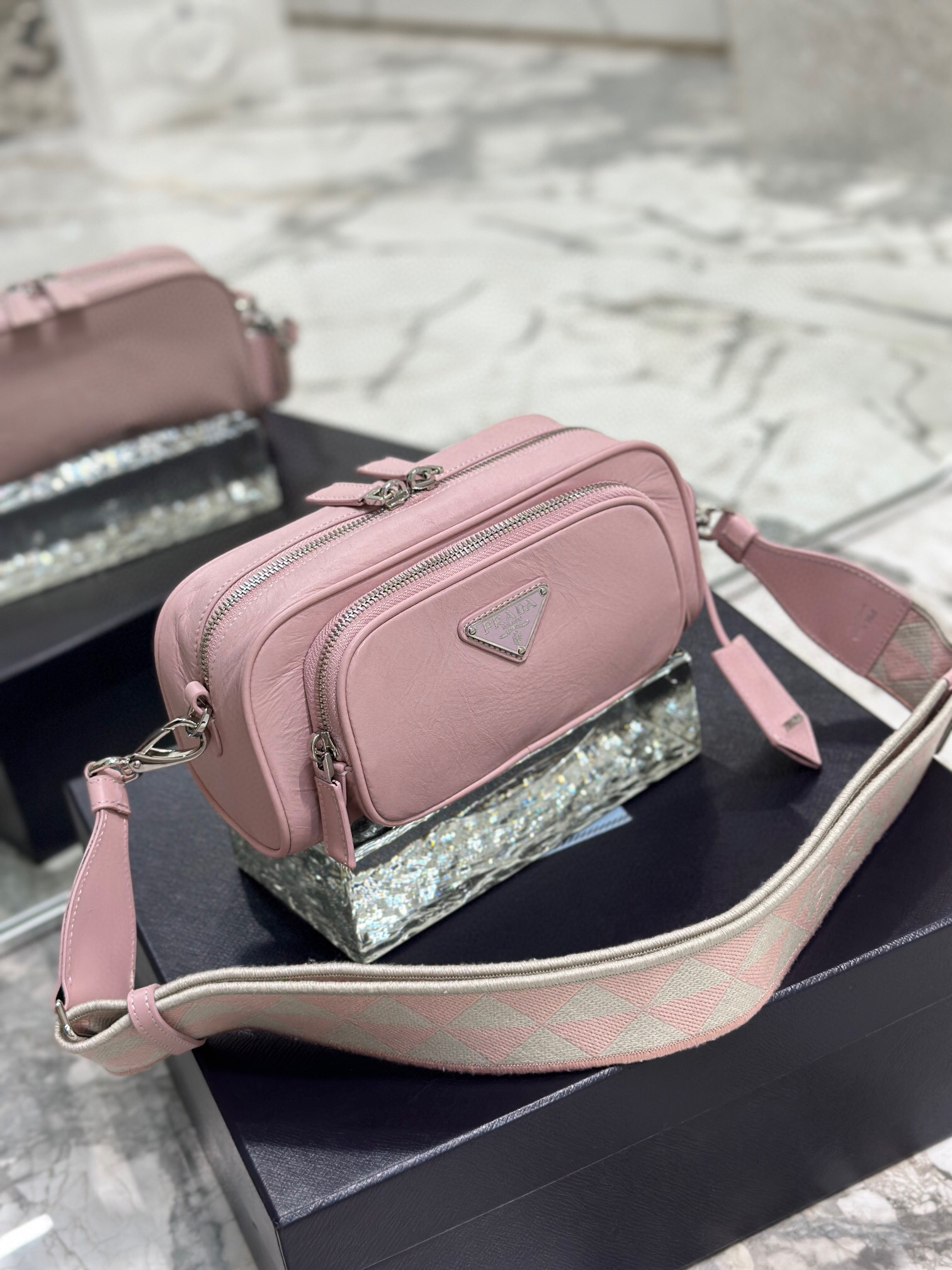 Pra*a Nappa Antique Multi-Pocket Shoulder Bag In Grey/Black/Pink For Women 8.6 in/ 22cm 1BH198_UVL_F0480_V_4OO