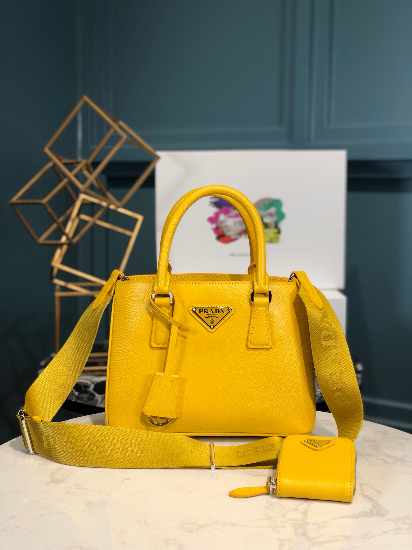 Pra*a Saffiano Lux Galleria In Yellow For Women 9in/ 23cm