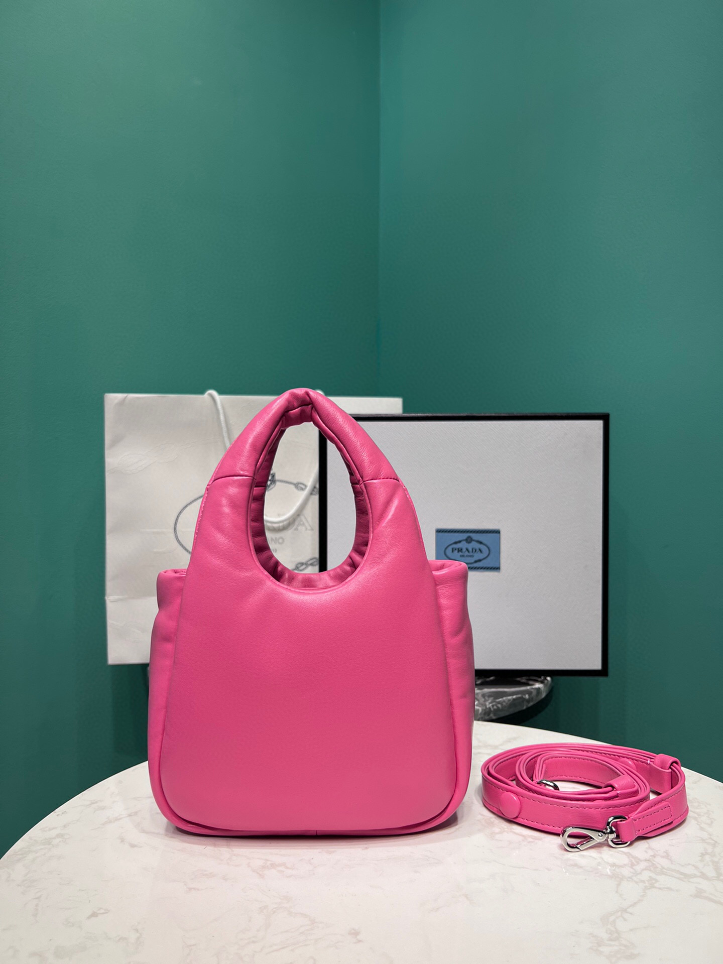 Pra*a Small Padded Pra*a Soft Nappa Bag In Pink For Women 7.1 in/ 18 cm