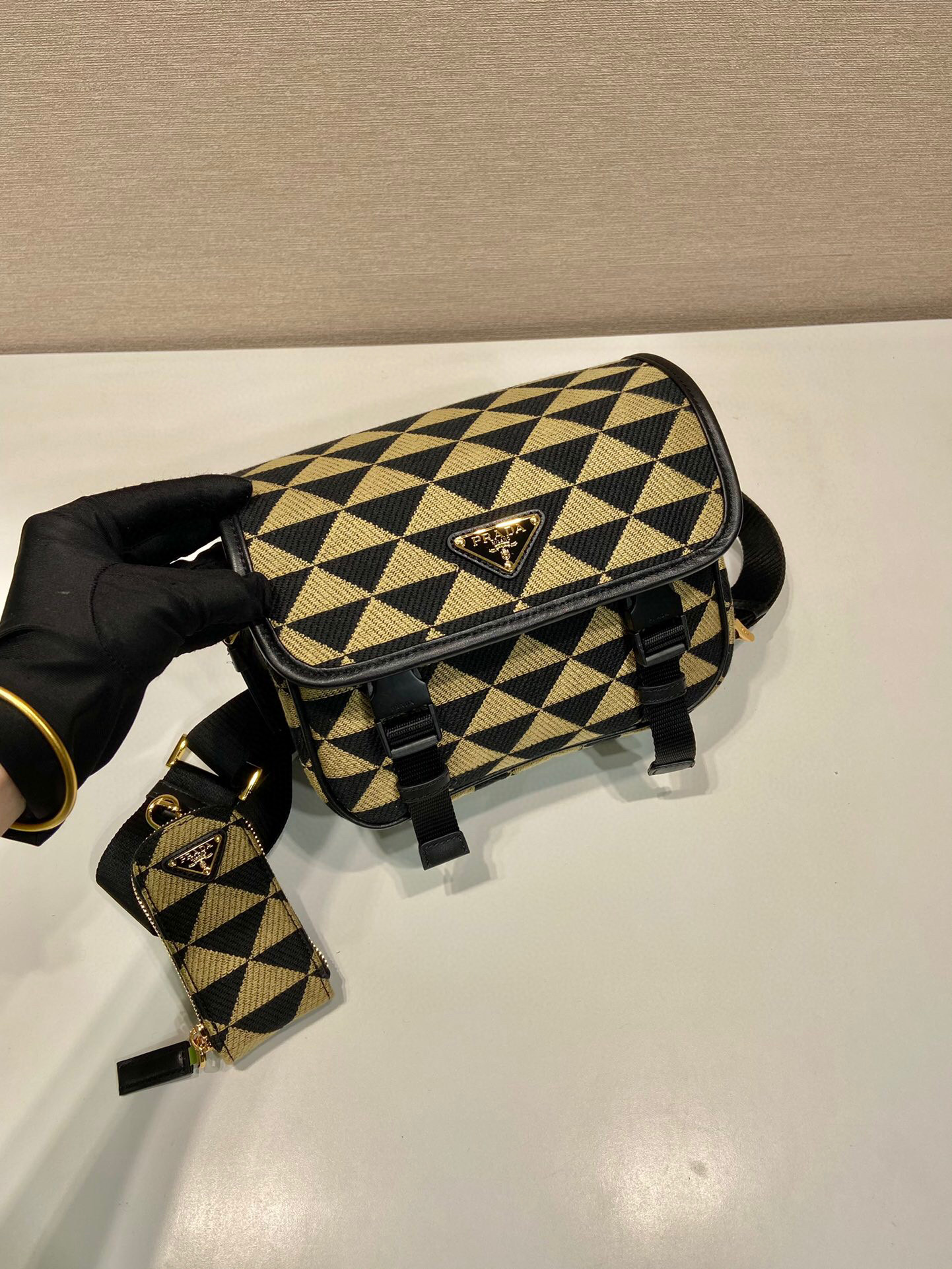 Pra*a Symbole Embroidered Fabric Bag In Beige For Women 8.6 in/ 22 cm 2VD034_2FKL_F0Y30_V_XOP