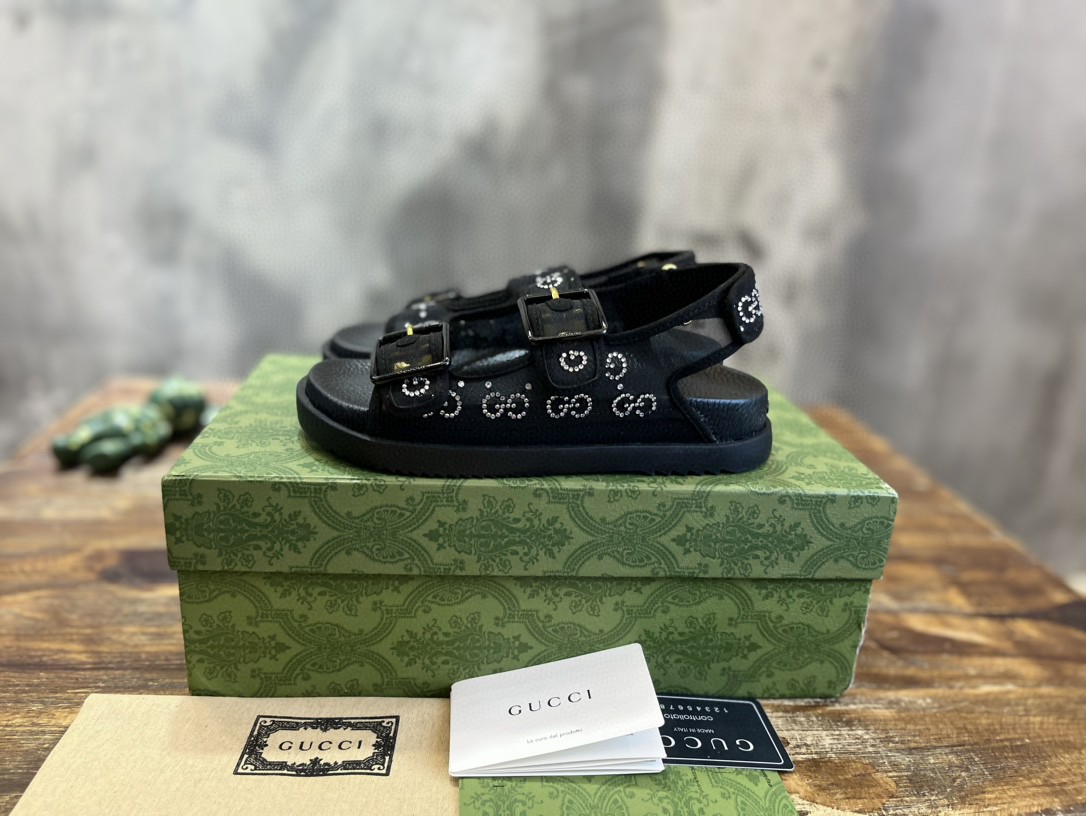 Gvc*1 GG Sandal With Crystals Black For Women 701158 F13A0 1000