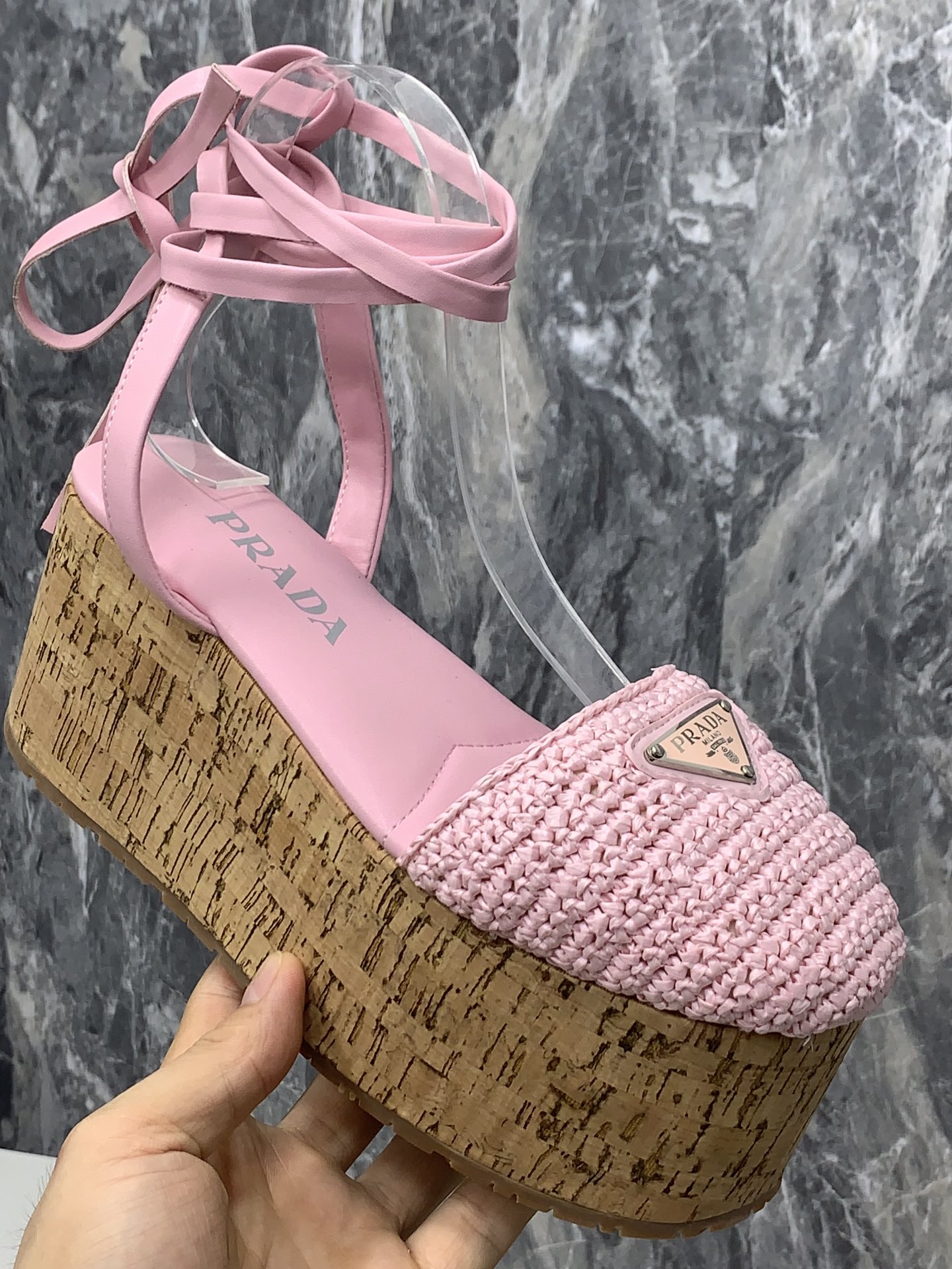 Pra*a Crochet Wedge Sandals Pink For Women