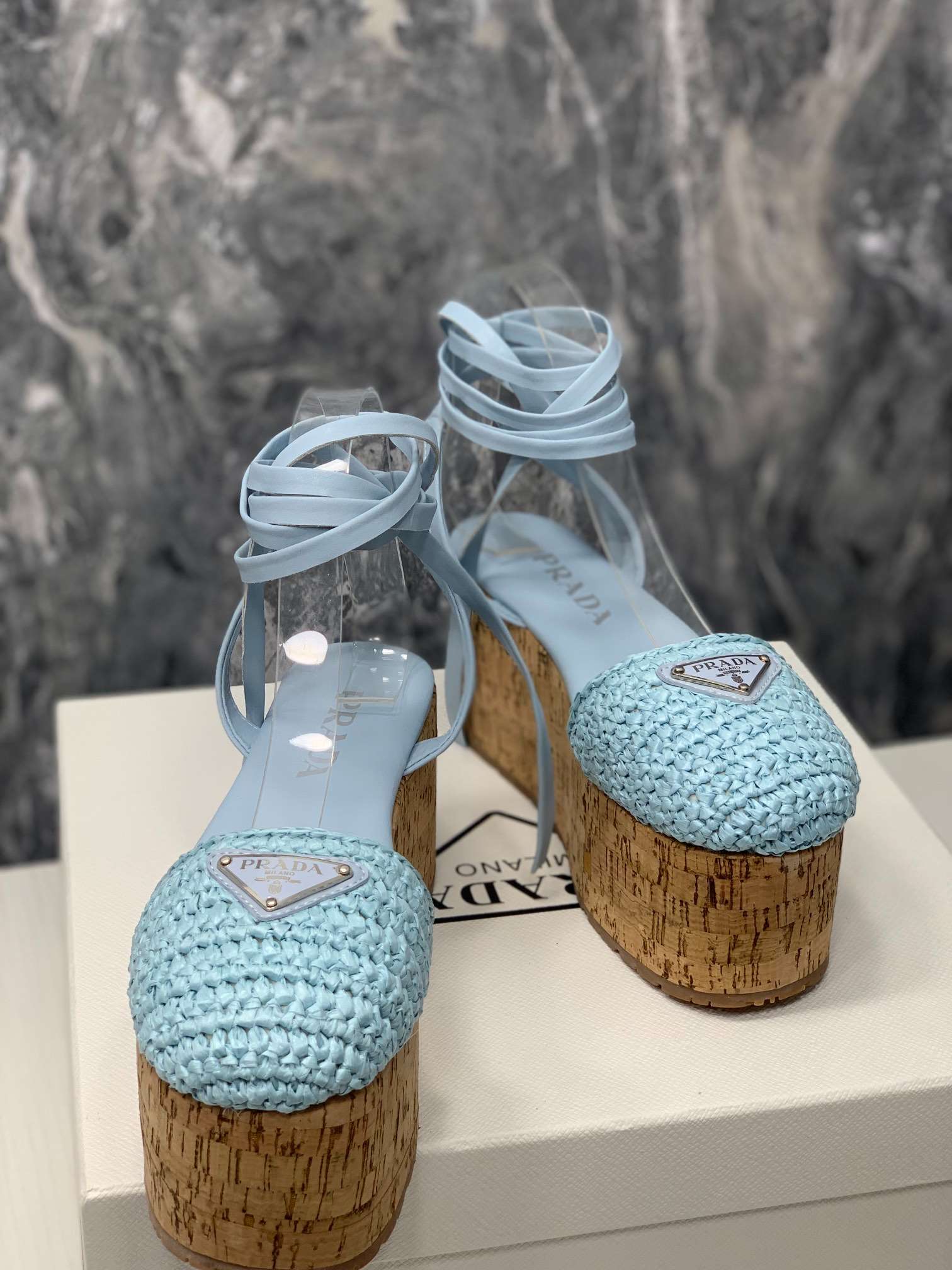 Pra*a Crochet Wedge Sandals Light Blue For Women