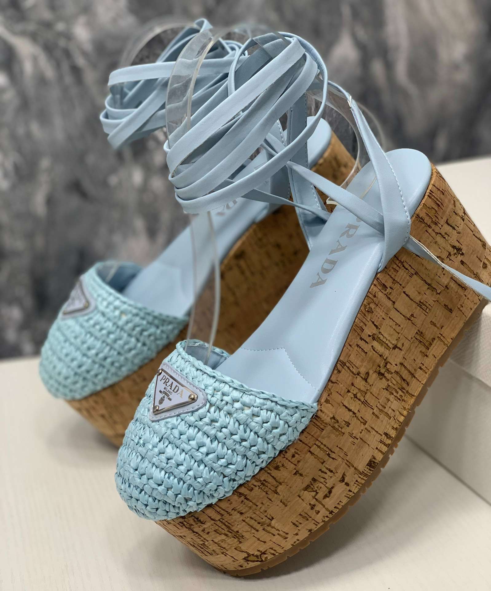 Pra*a Crochet Wedge Sandals Light Blue For Women