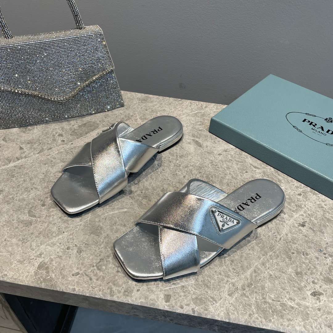 Pra*a Cross Straps Slides Silver For Women