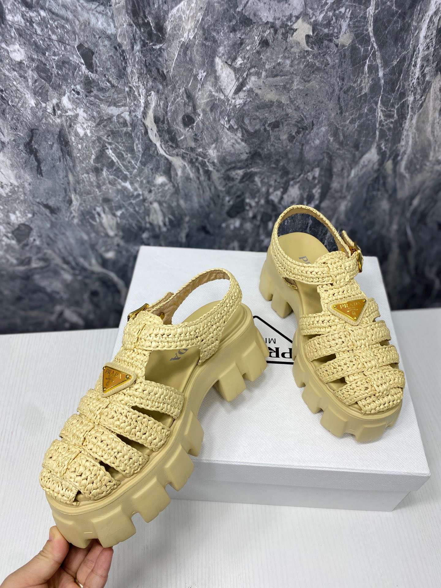 Pra*a Monolith Crochet Cage Sandals Yellow For Women