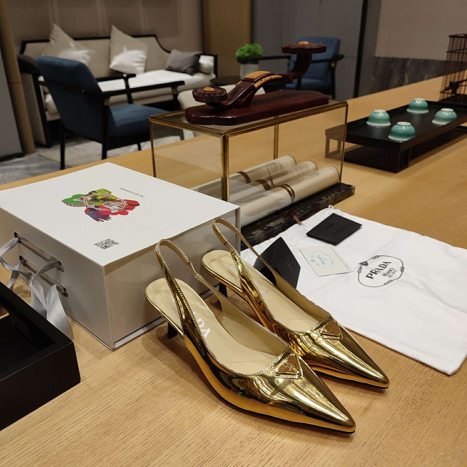 Pra*a Slingback Spike Pumps Gold For Women